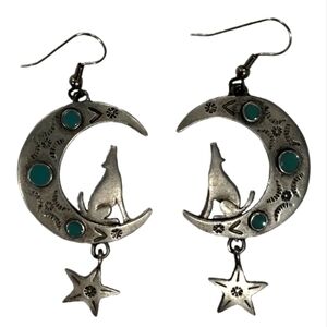 JJ 1988 Moon & Wolf Pewter Dangle Earrings | Jonette Jewelry USA